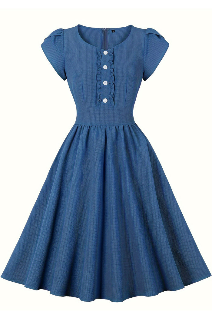 Blue Puff Sleeves Buttons Ruffled A-line Vintage Dress