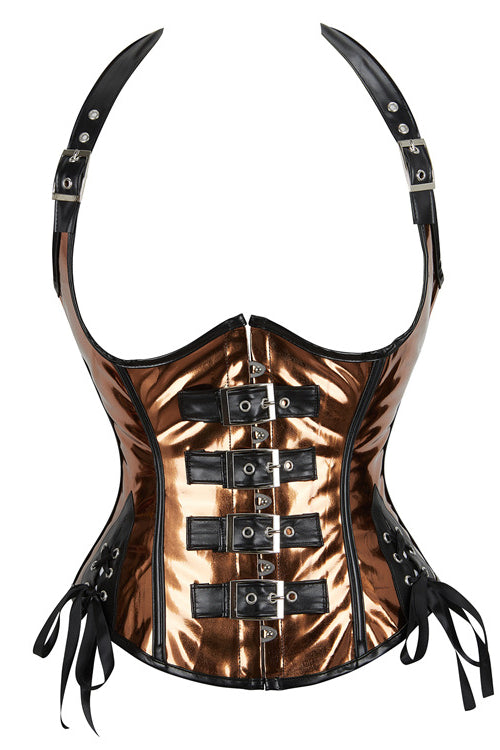 Gothic Brown Halter Leather Lace-Up Bustier Corset Top