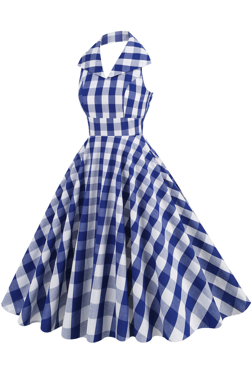 Herbene Blue Plaid Halter Dress