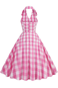 Herbene Pink Plaid Halter Dress