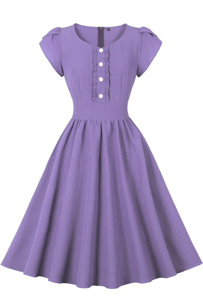 Blue Puff Sleeves Buttons Ruffled A-line Vintage Dress