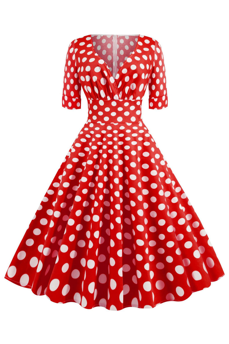 Red Dot Surplice Short Sleeves A-line Vintage Dress