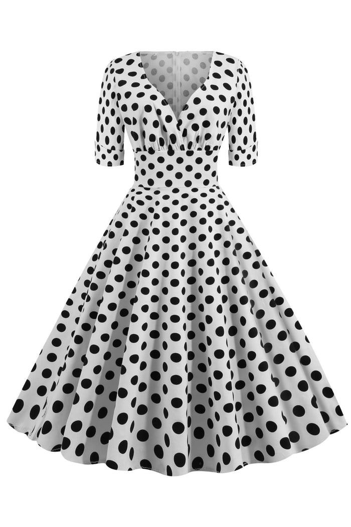 White Dot Surplice Short Sleeves A-line Vintage Dress