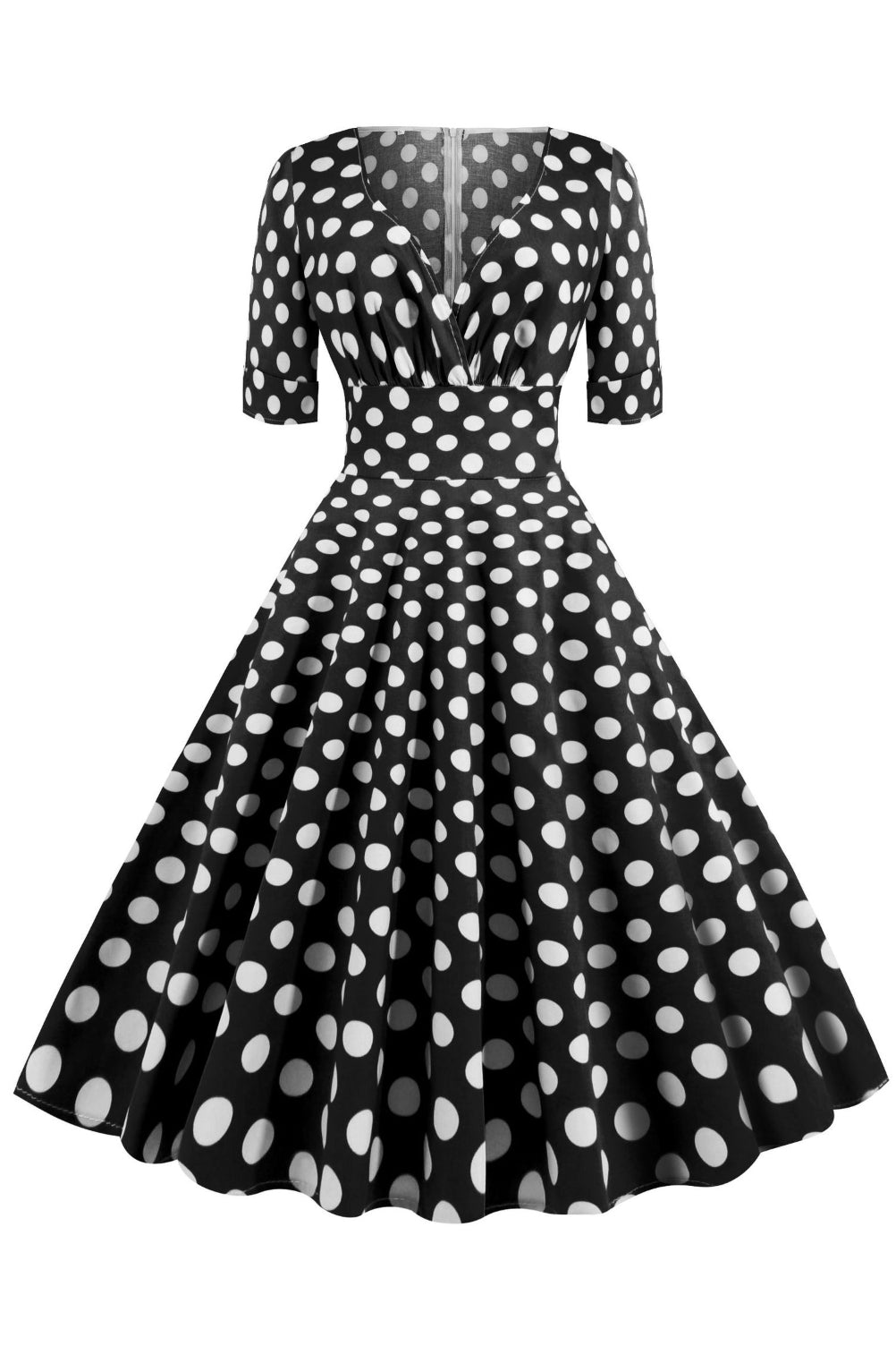 Black Dot Surplice Short Sleeves A-line Vintage Dress