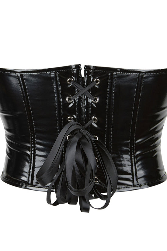 Black PU Leather Strapless Lace-Up Bustier Corset Top