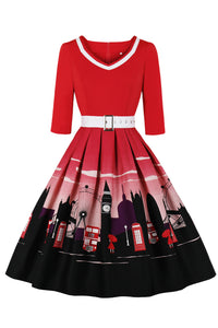 Red V Neck 1/2 Sleeves A-line Print Vintage Dress