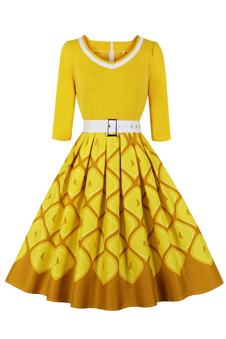 Yellow V Neck 1/2 Sleeves A-line Print Vintage Dress