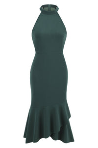 Hunter Green High Neck Mermaid Ruffled Vintage Dress