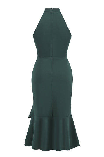 Hunter Green High Neck Mermaid Ruffled Vintage Dress