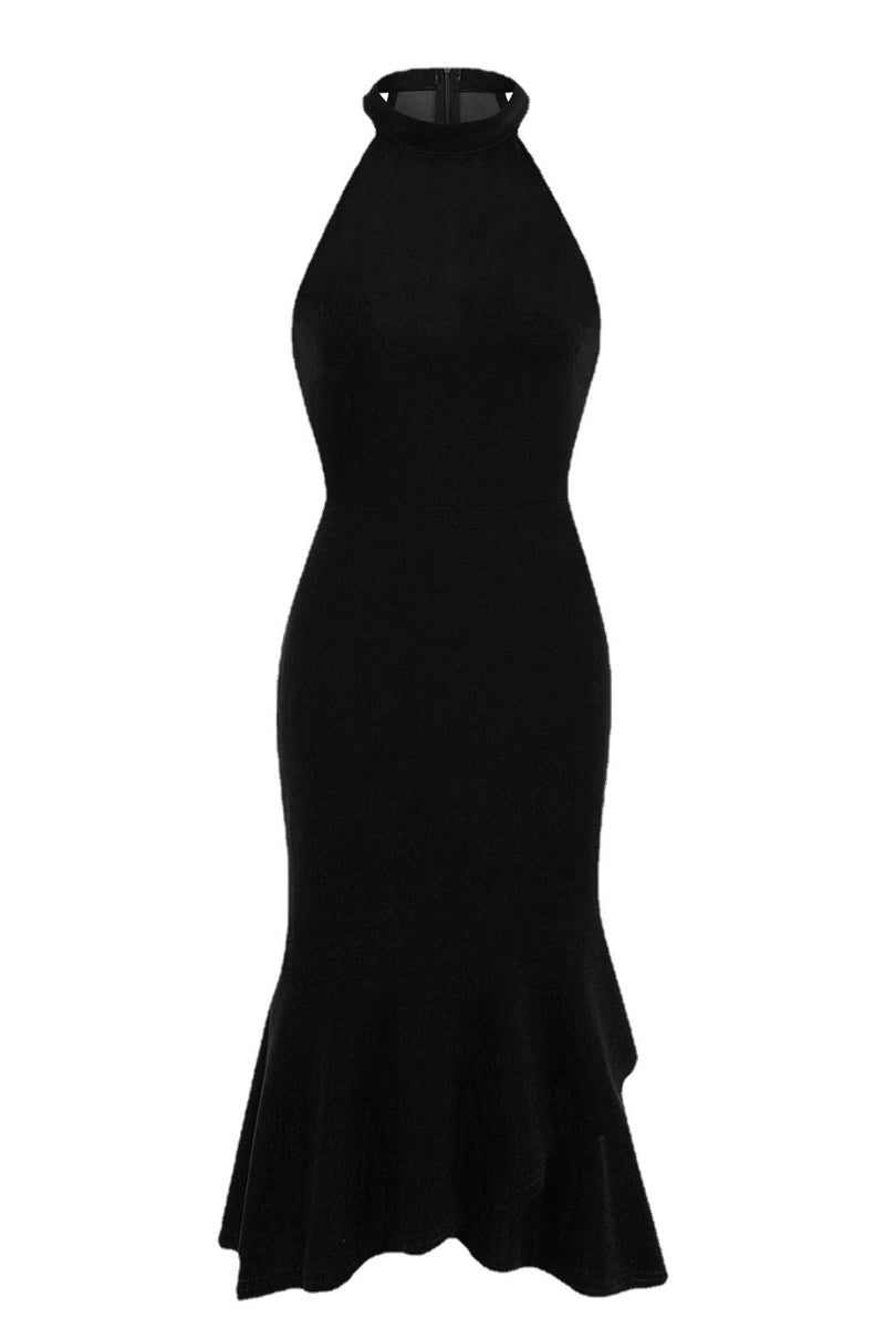 Black High Neck Mermaid Ruffled Vintage Dress