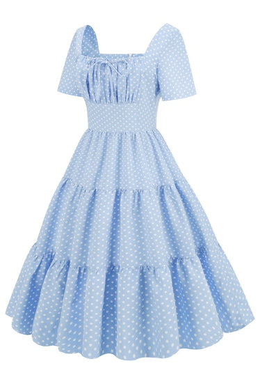 Light Blue Dot Short Sleeves A-line Vintage Dress