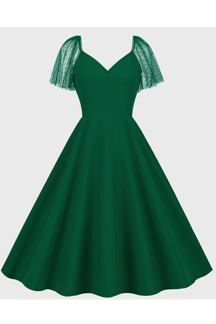 Hunter Green Flaunt Sleeves A-line Vintage Dress