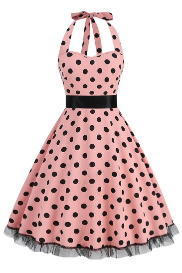 Pink Dotted Halter A-line Vintage Dress