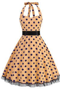 Yellow Dotted Halter A-line Vintage Dress