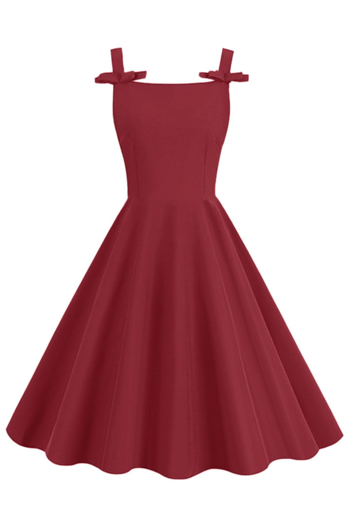 Wine Red Straps A-line Vintage Dress with Bows