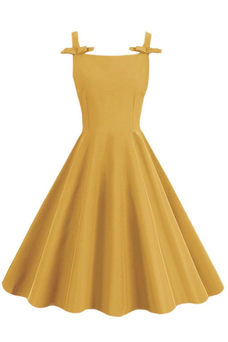 Yellow Straps A-line Vintage Dress with Bows