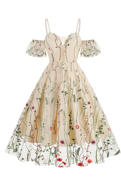 5 Styles Cold Shoulder A-line Floral Vintage Dress