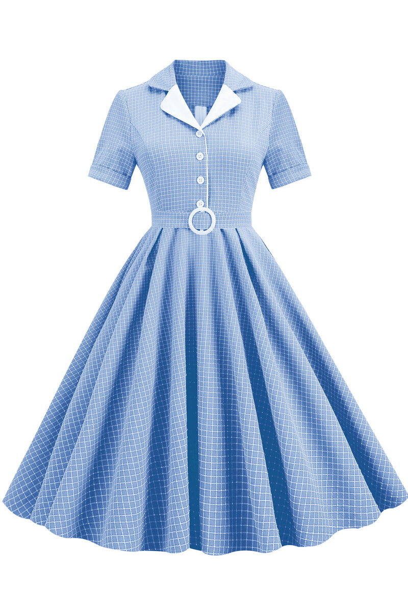 Herbene Blue Shirt Collar Plaid Dress