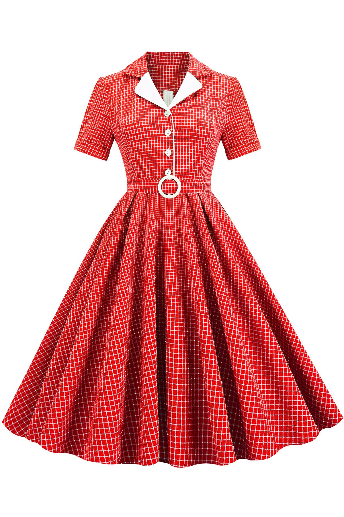 Herbene Red Shirt Collar Plaid Dress