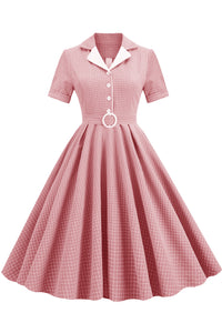 Herbene Pink Shirt Collar Plaid Dress