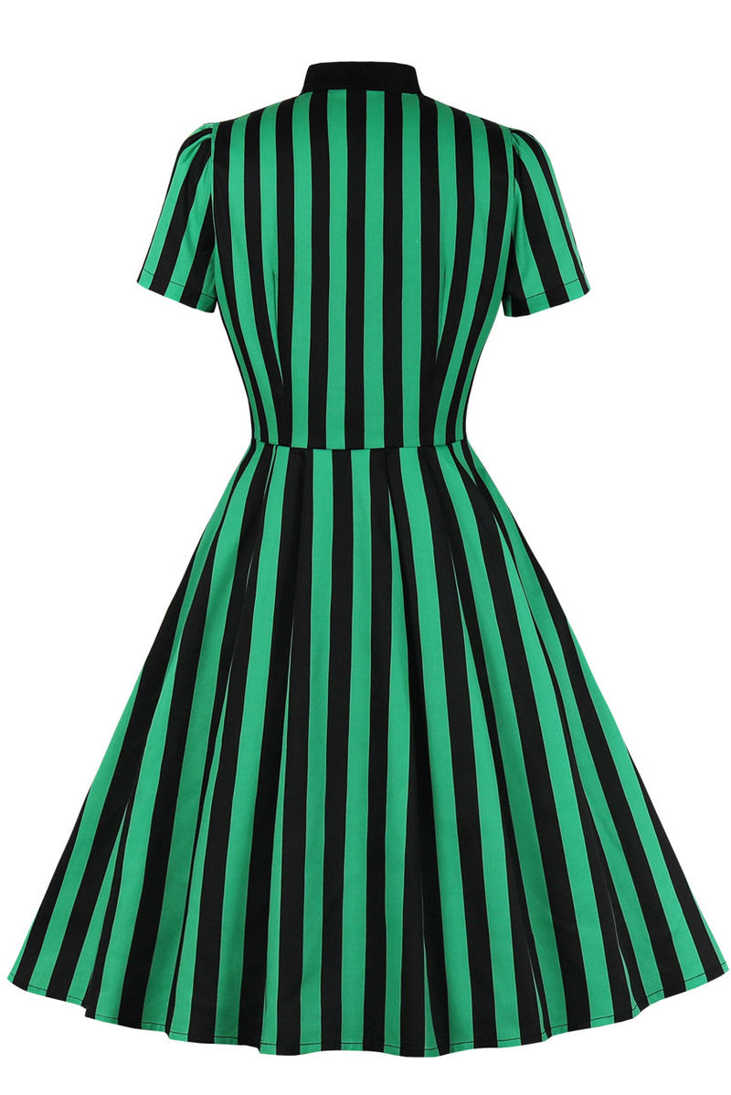 Green and Black Stripe A-line Short Sleeves Vintage Dress with Bow Tie