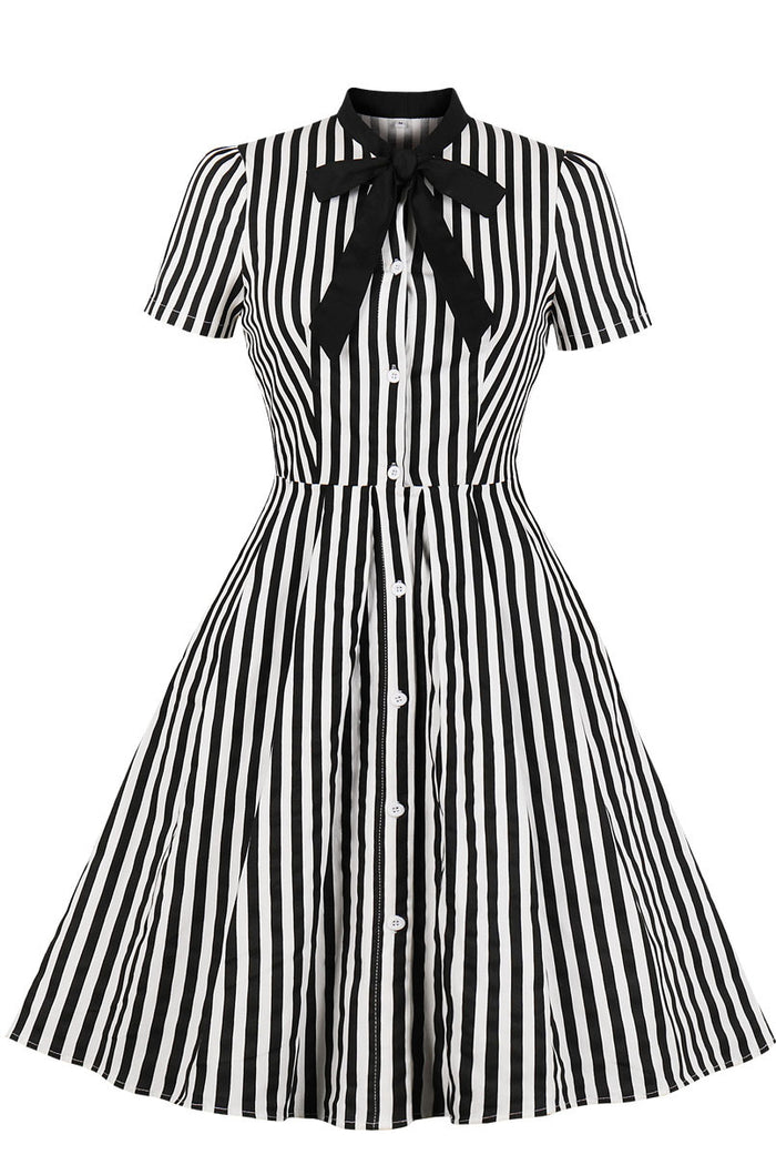 Black and White Stripe A-line Short Sleeves Vintage Dress with Bow Tie