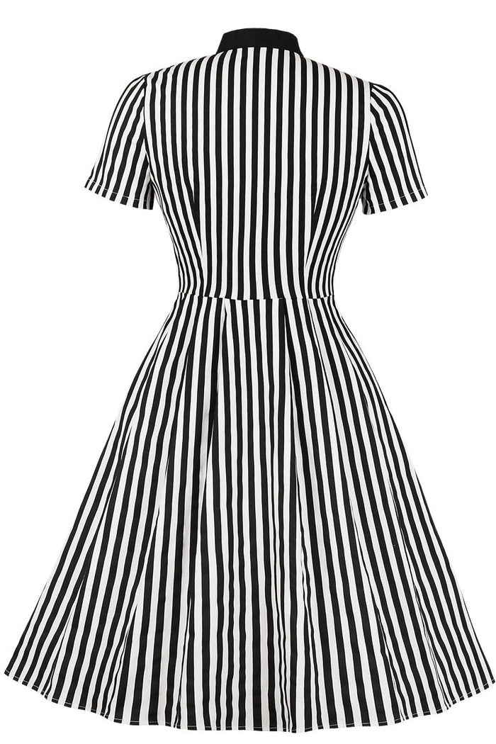 Black and White Stripe A-line Short Sleeves Vintage Dress with Bow Tie