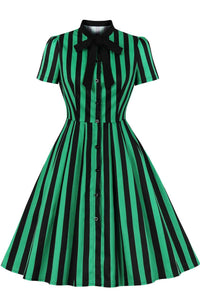 Green and Black Stripe A-line Short Sleeves Vintage Dress with Bow Tie
