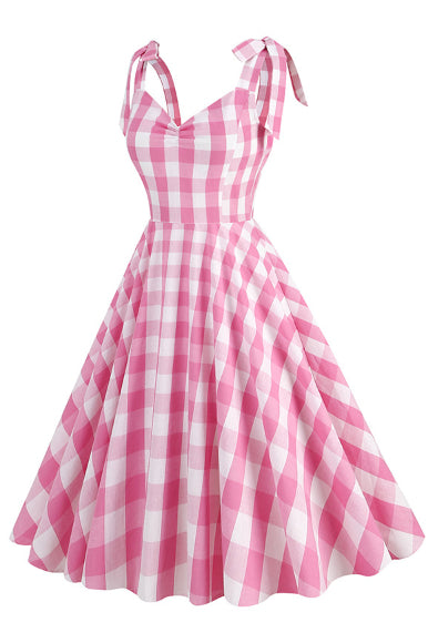 Pink Plaid Bow Tie Straps A-line Vintage Dress