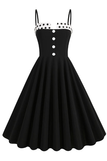 Black Dotted Neck A-line Slip Vintage Dress