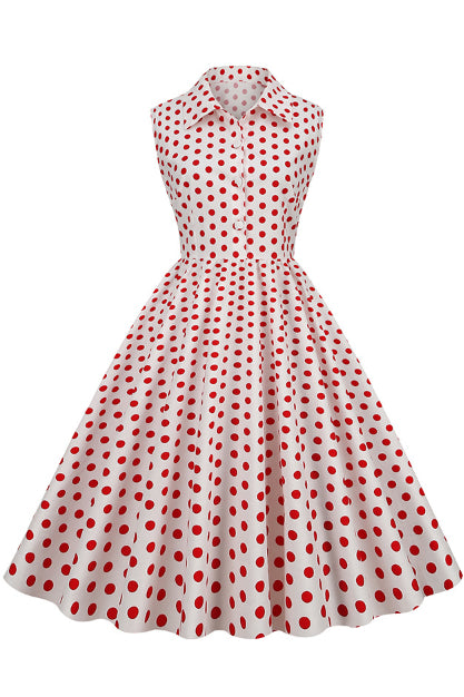 White Sleeveless Red Dot Shirt Collar A-line Vintage Dress