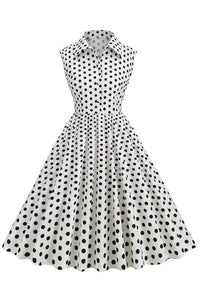 White Sleeveless Black Dot Shirt Collar A-line Vintage Dress