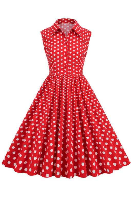 Red Sleeveless White Dot Shirt Collar A-line Vintage Dress