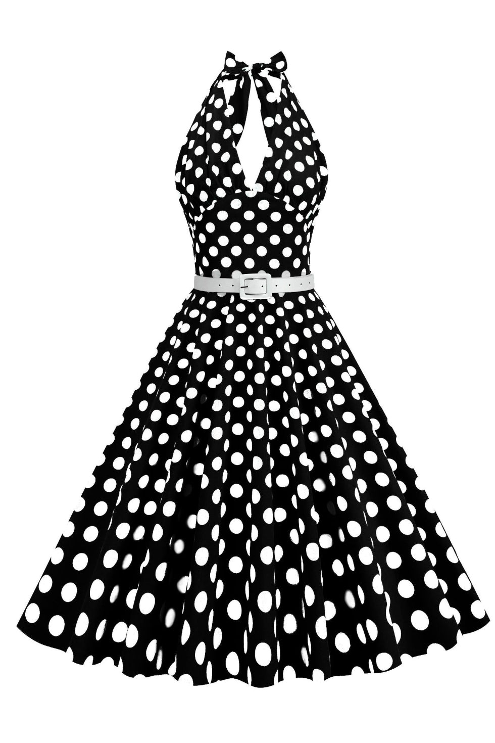 Black Plunging Halter A-line Dotted Vintage Dress with Belt
