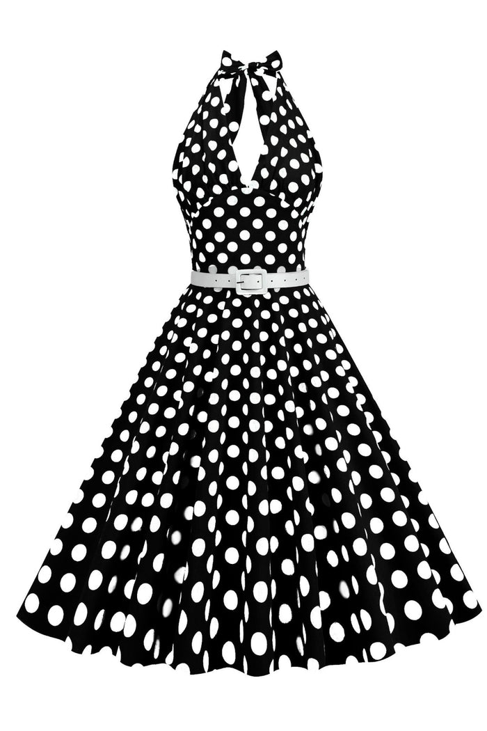 Black Plunging Halter A-line Dotted Vintage Dress with Belt