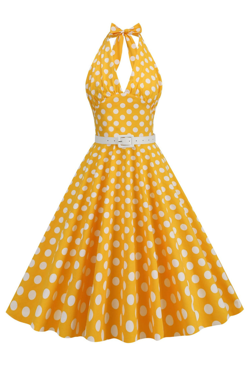 Yellow Plunging Halter A-line Dotted Vintage Dress with Belt
