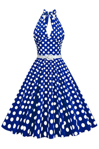 Royal Blue Plunging Halter A-line Dotted Vintage Dress with Belt