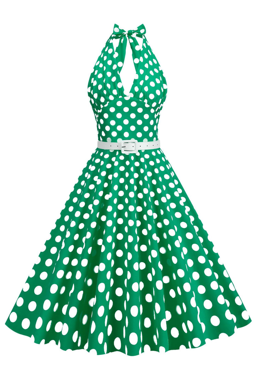 Green Plunging Halter A-line Dotted Vintage Dress with Belt