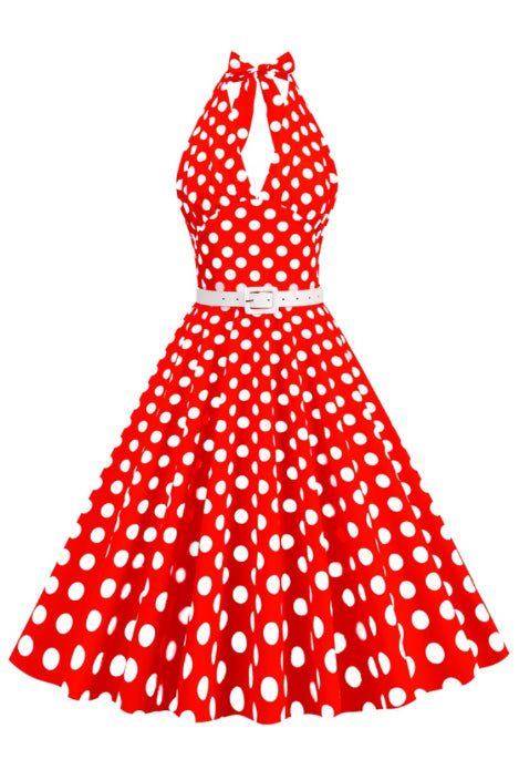 Red  Plunging Halter A-line Dotted Vintage Dress with Belt