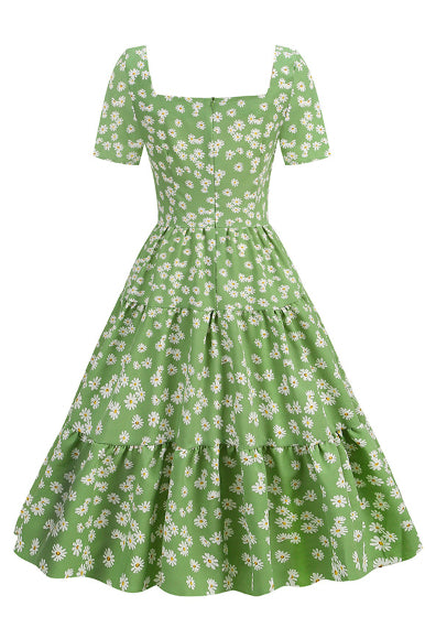 Green Floral A-line Short Sleeves Vintage Dress