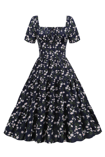 Dark Navy Floral A-line Short Sleeves Vintage Dress