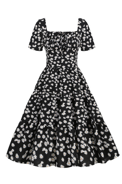 Black Floral A-line Short Sleeves Vintage Dress