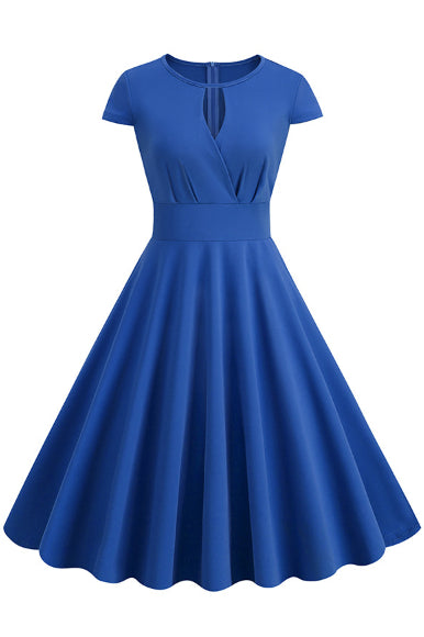 Royal Blue Keyhold A-line Cap Sleeves Vintage Dress