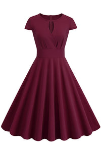 Wine Red Keyhold A-line Cap Sleeves Vintage Dress