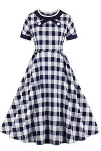 Black Ribbon Collar Plaid Short Sleeves A-line Vintage Dress