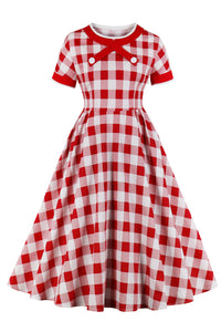 Red Ribbon Collar Plaid Short Sleeves A-line Vintage Dress