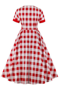 Red Ribbon Collar Plaid Short Sleeves A-line Vintage Dress