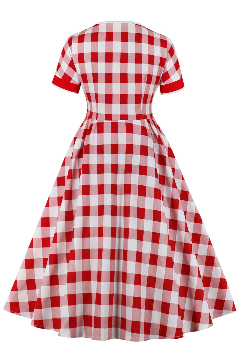 Red Ribbon Collar Plaid Short Sleeves A-line Vintage Dress