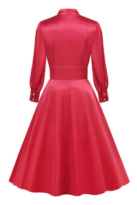 Red Plunging V Neck Long Sleeves Empire A-line Vintage Dress