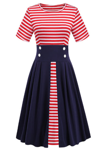 Red Stripe Top A-line Short Sleeves Vintage Dress